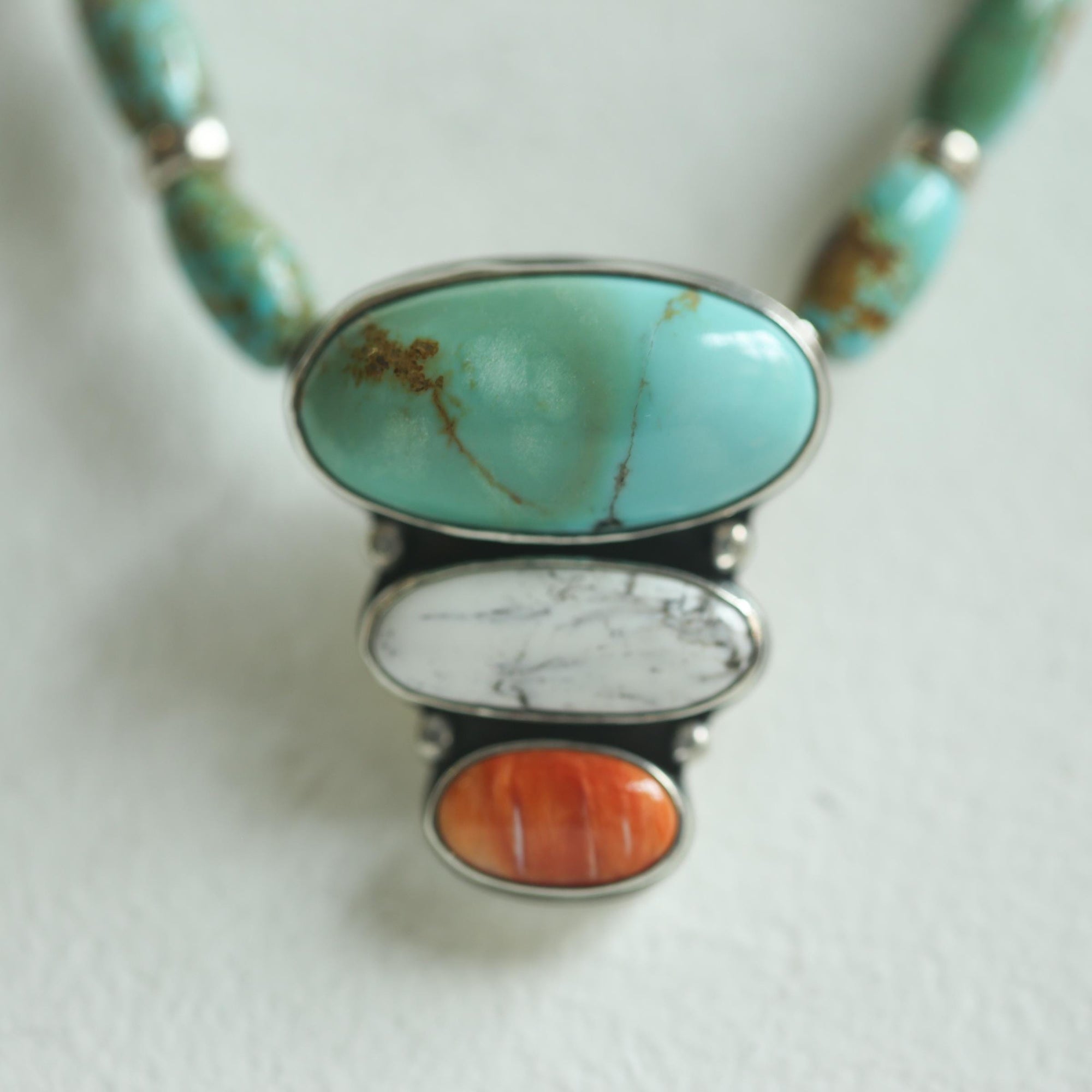 Turquoise White Buffalo Spiny Oyster Pendant with beaded Chain Necklace - Sterling Silver