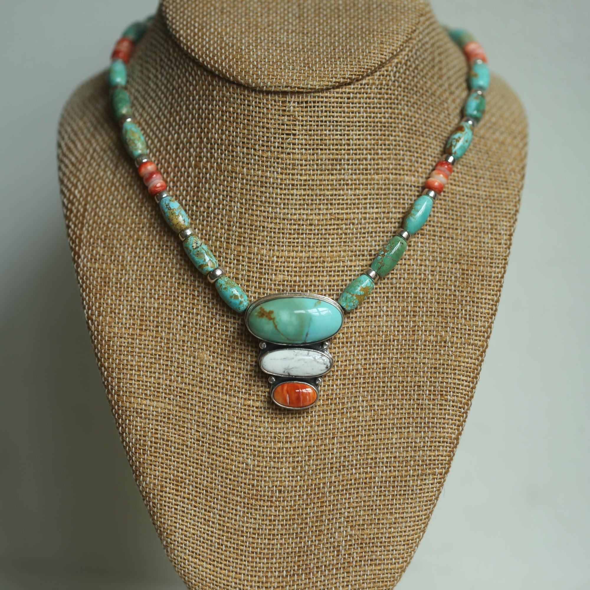 Turquoise White Buffalo Spiny Oyster Pendant with beaded Chain Necklace - Sterling Silver