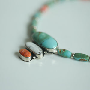 Turquoise White Buffalo Spiny Oyster Pendant with beaded Chain Necklace - Sterling Silver