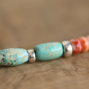 Turquoise and Spiny Oyster Beaded Bracelet - Sterling Silver
