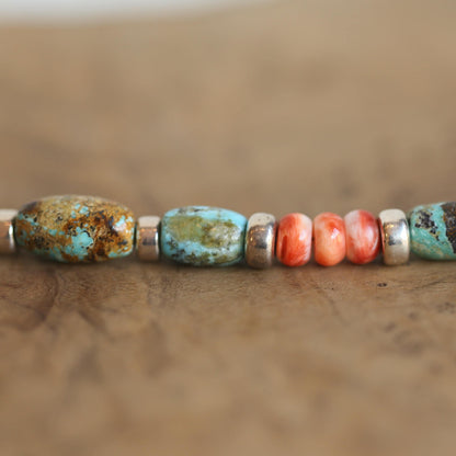 Turquoise and Spiny Oyster Beaded Bracelet - Sterling Silver
