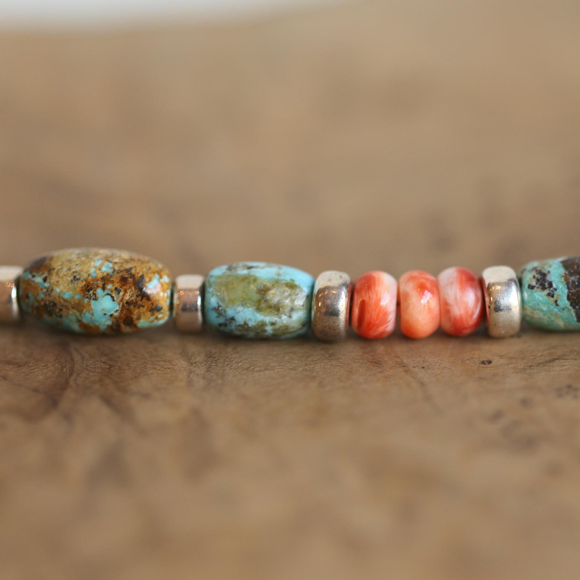 Turquoise and Spiny Oyster Beaded Bracelet - Sterling Silver