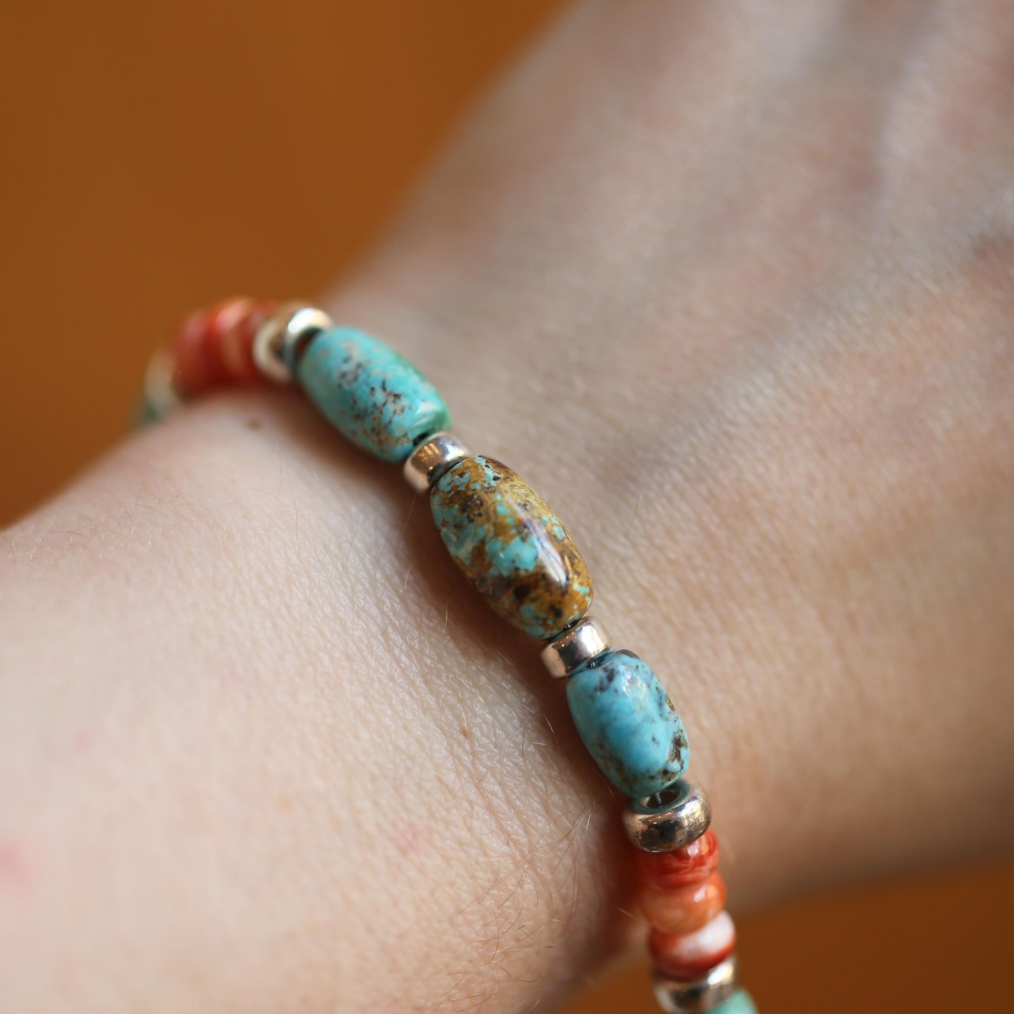 Turquoise and Spiny Oyster Beaded Bracelet - Sterling Silver