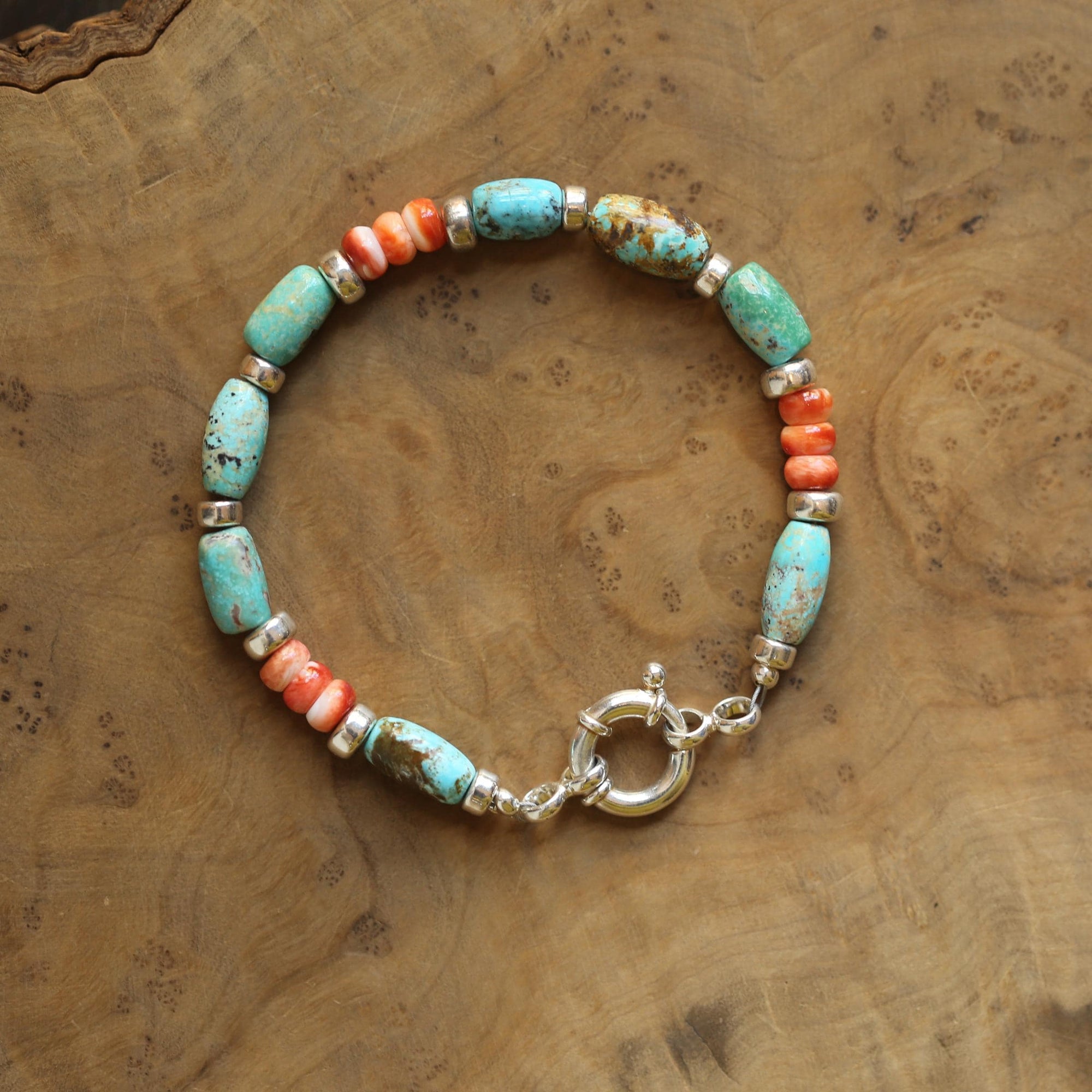 Turquoise and Spiny Oyster Beaded Bracelet - Sterling Silver