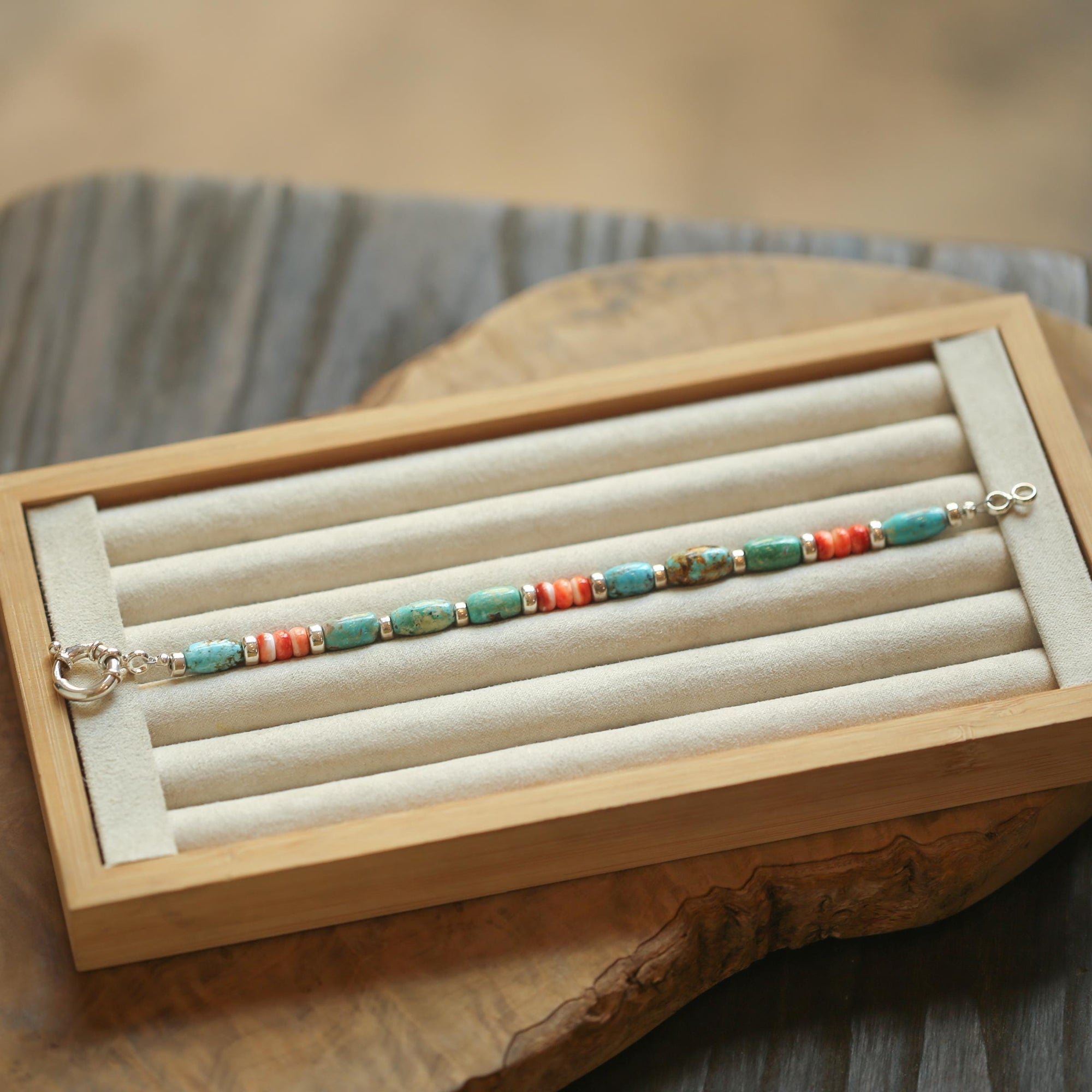 Turquoise and Spiny Oyster Beaded Bracelet - Sterling Silver