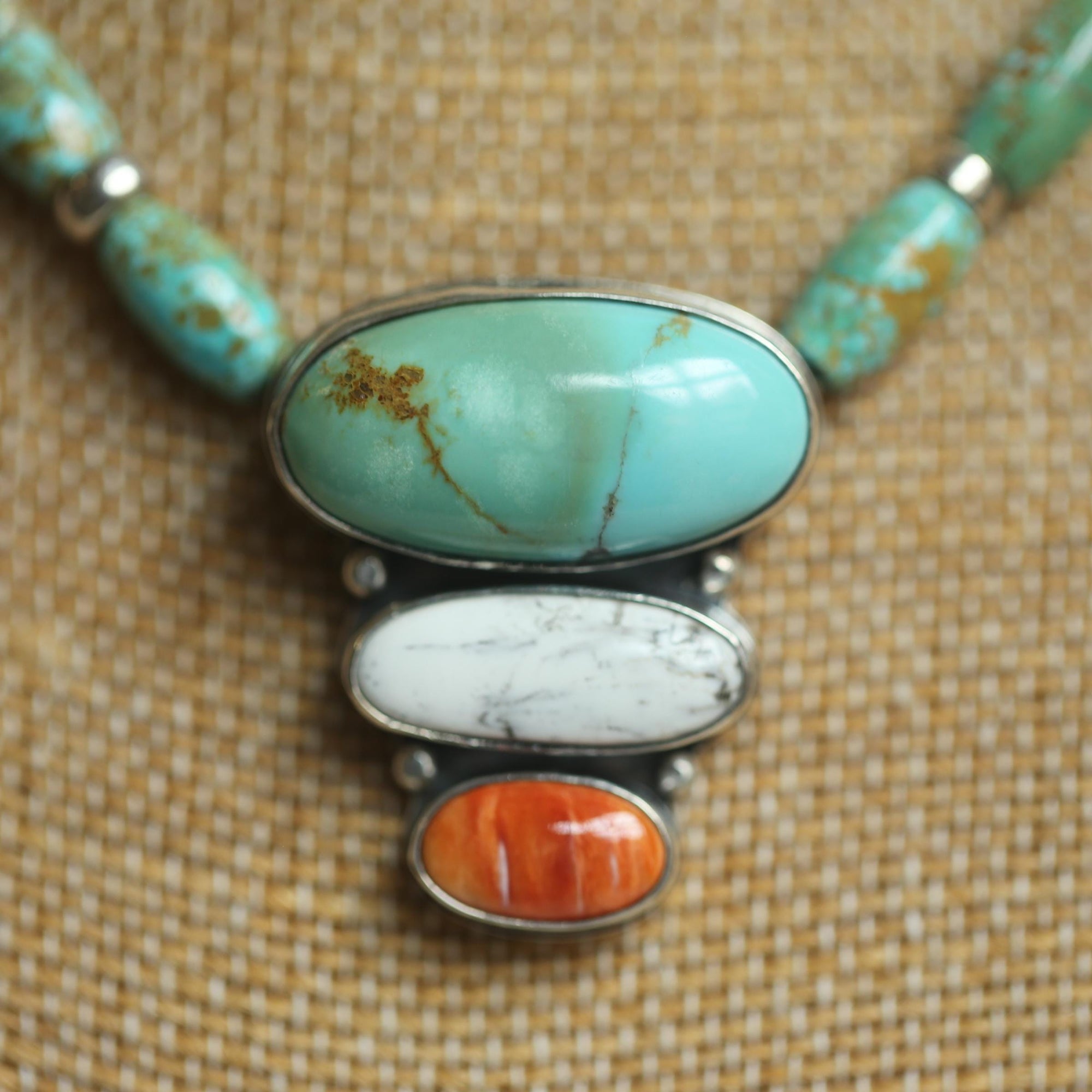 Turquoise White Buffalo Spiny Oyster Pendant with beaded Chain Necklace - Sterling Silver