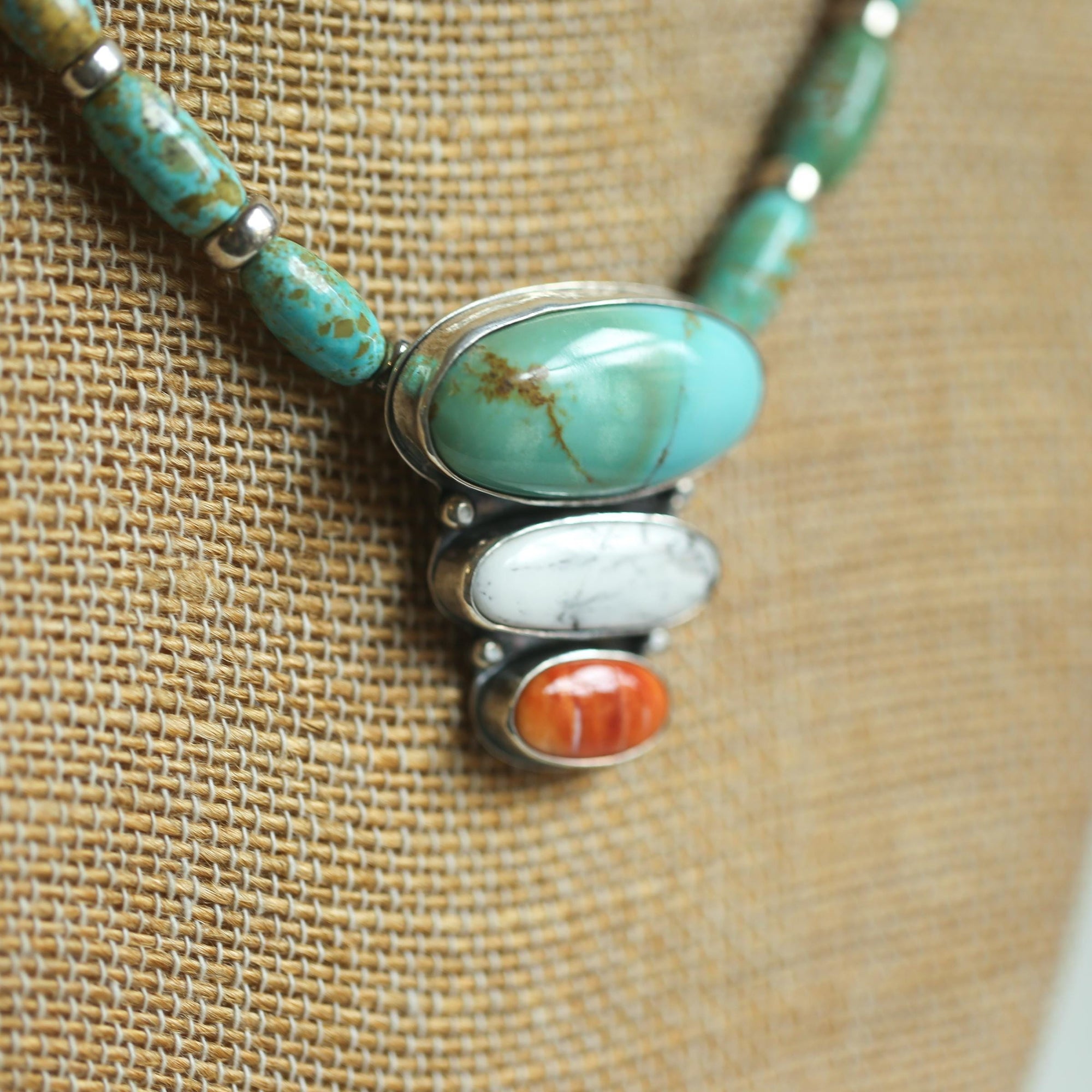 Turquoise White Buffalo Spiny Oyster Pendant with beaded Chain Necklace - Sterling Silver