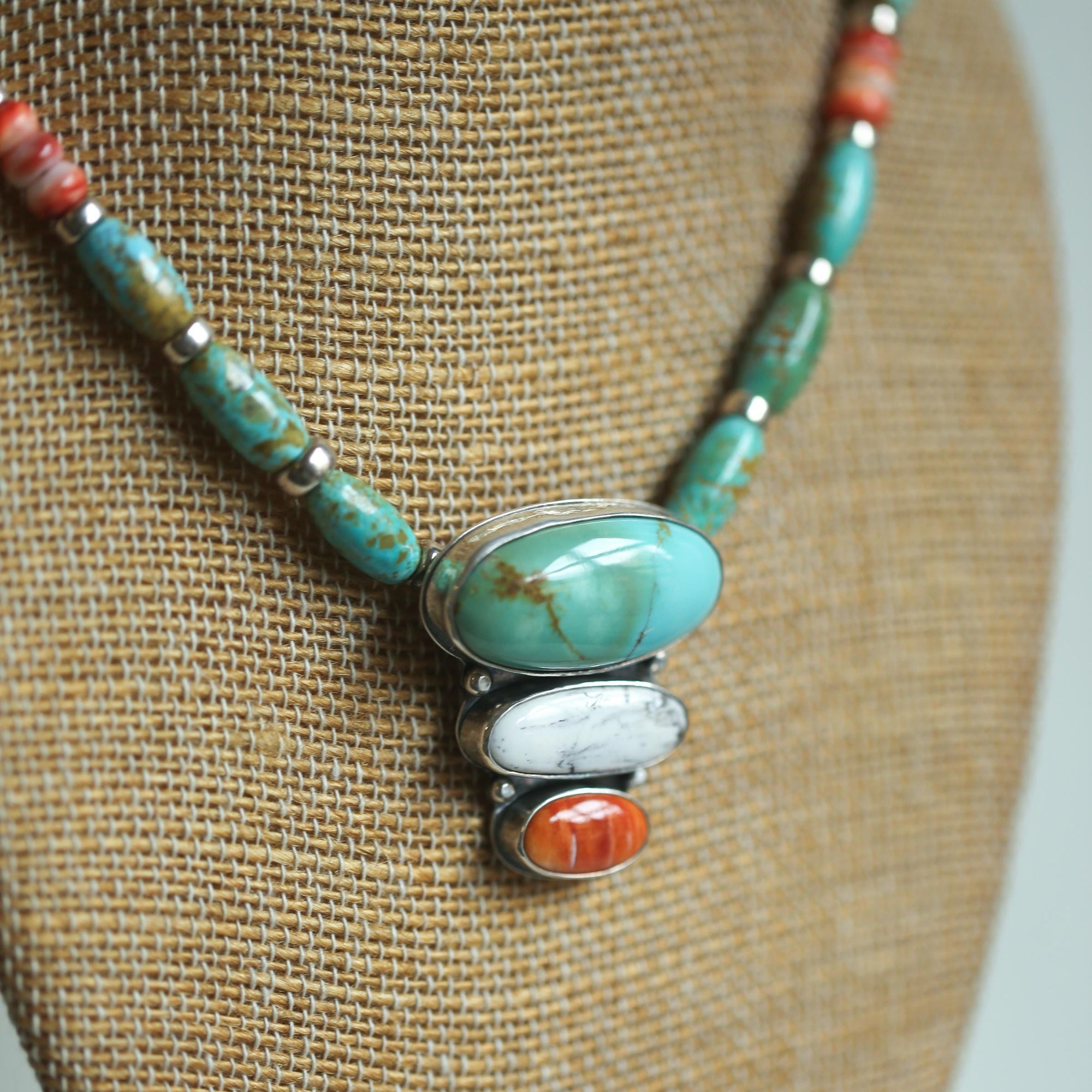 Turquoise White Buffalo Spiny Oyster Pendant with beaded Chain Necklace - Sterling Silver