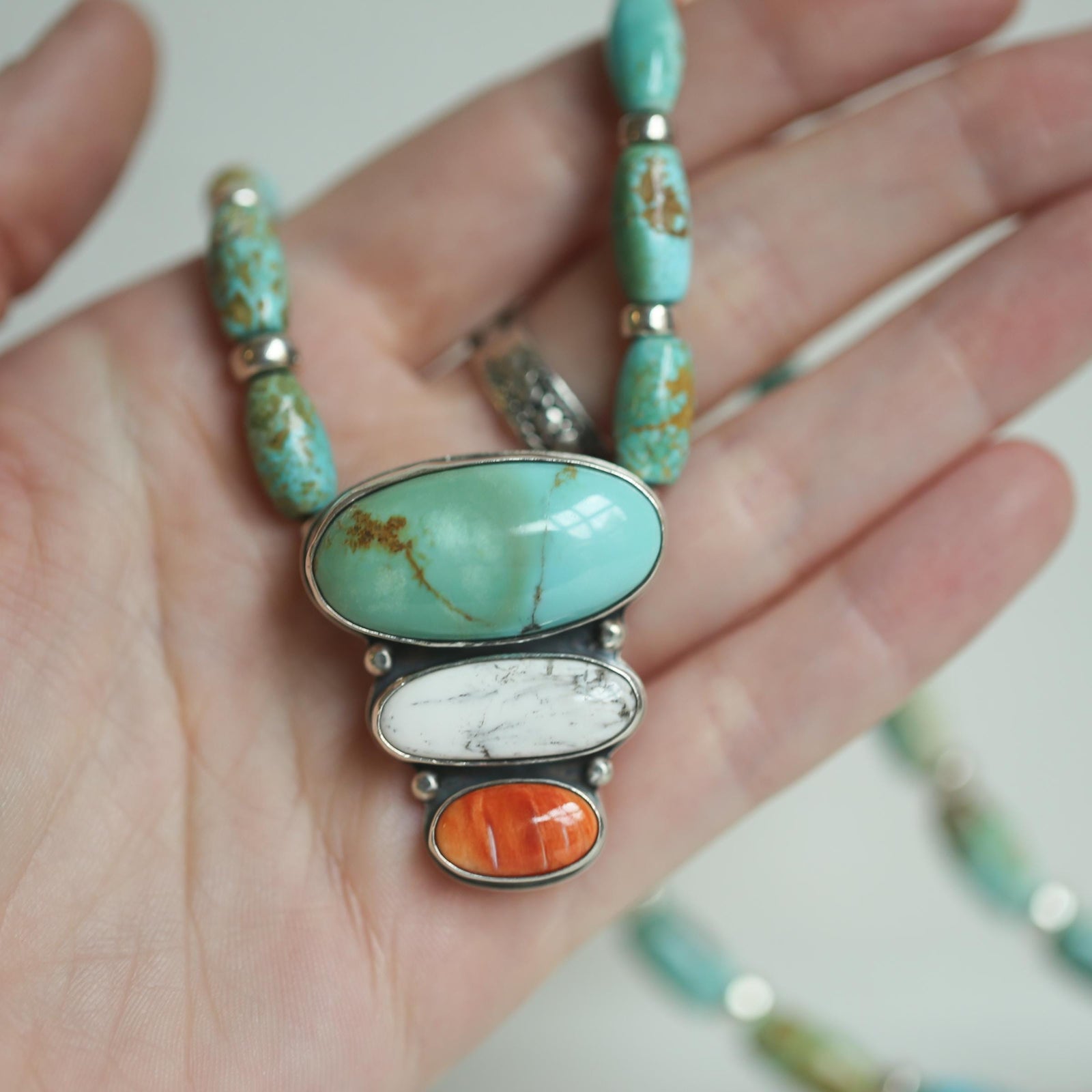 Turquoise White Buffalo Spiny Oyster Pendant with beaded Chain Necklace - Sterling Silver