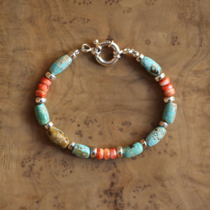 Turquoise and Spiny Oyster Beaded Bracelet - Sterling Silver