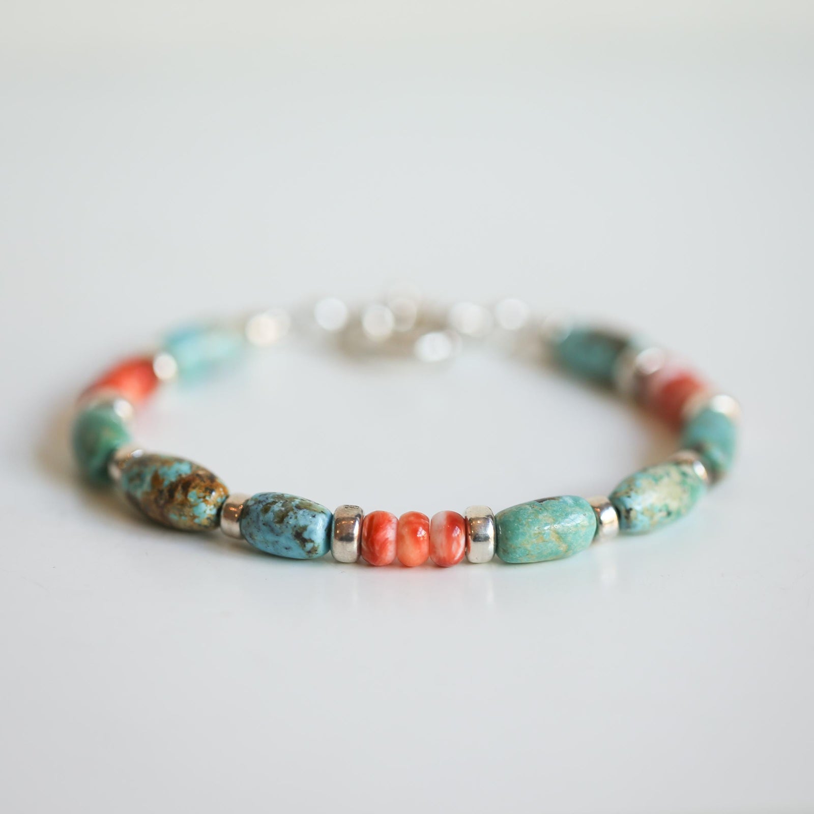 Turquoise and Spiny Oyster Beaded Bracelet - Sterling Silver