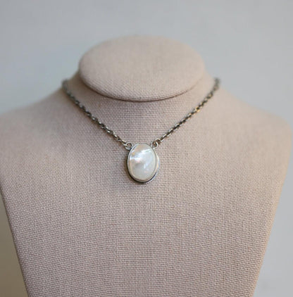 Mother of Pearl Pendant Necklace - Sterling Silver Chain, Silversmith