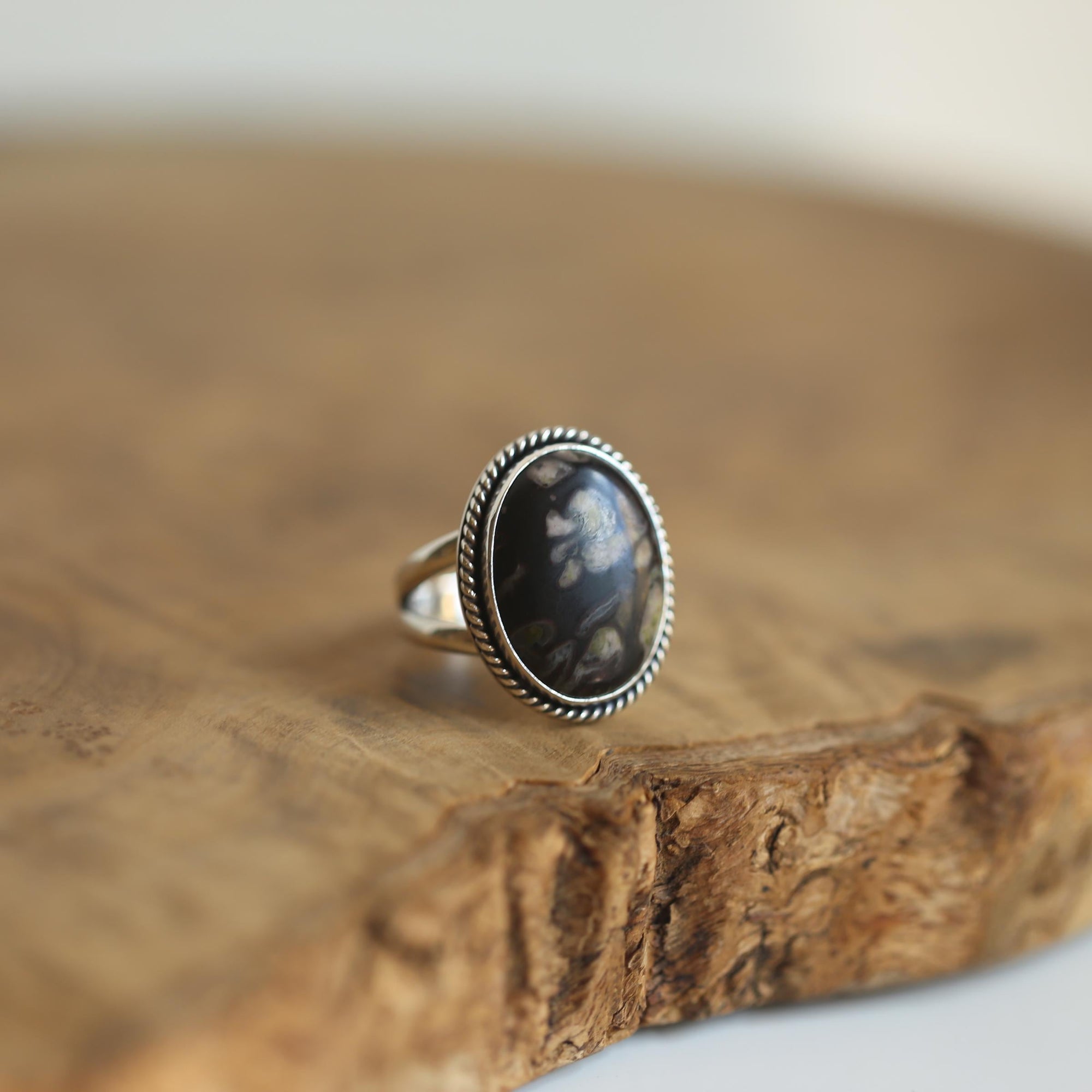 Boho Ring - Black Fossil Ring - Silversmith Ring - Boho Ring - Natural Fossil