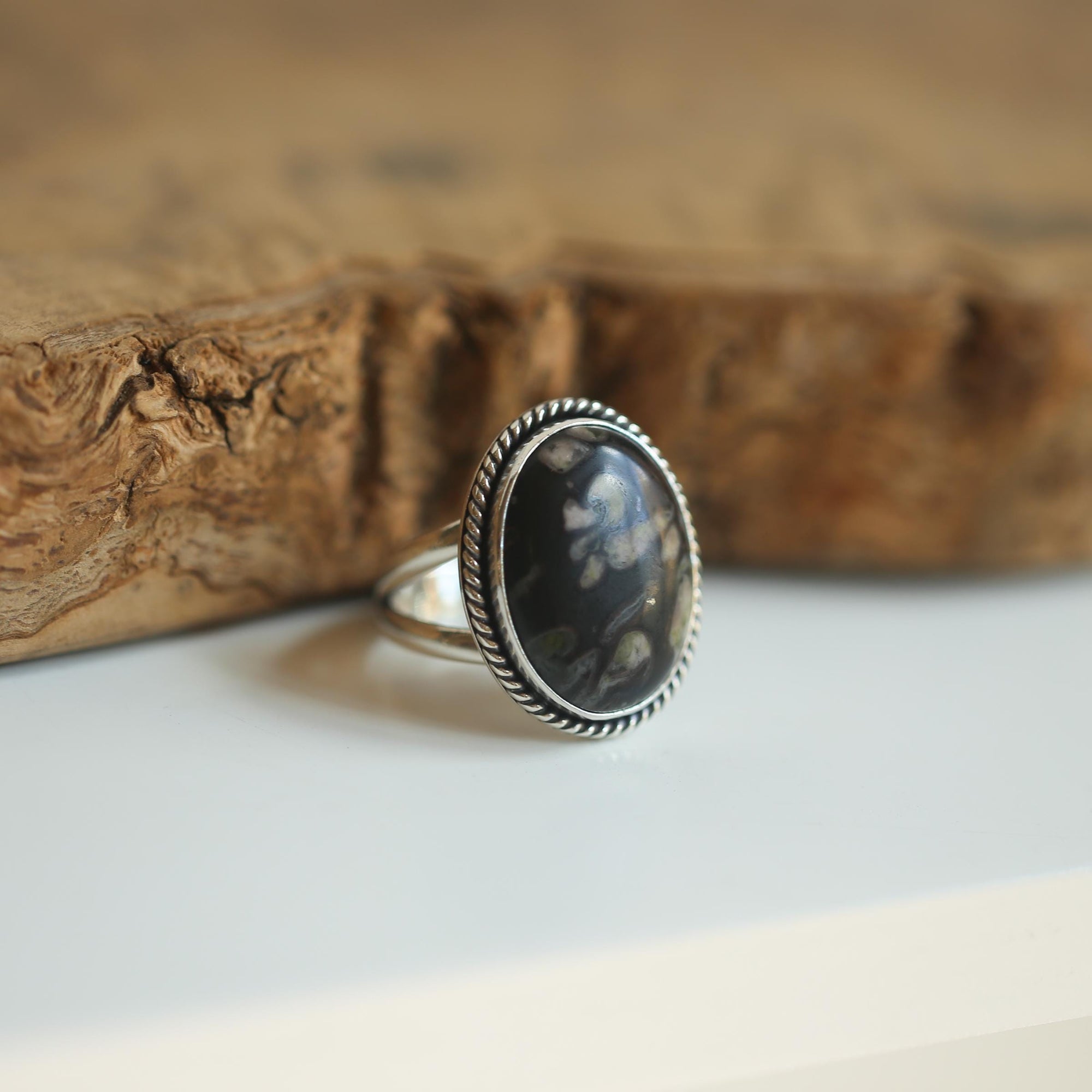 Boho Ring - Black Fossil Ring - Silversmith Ring - Boho Ring - Natural Fossil