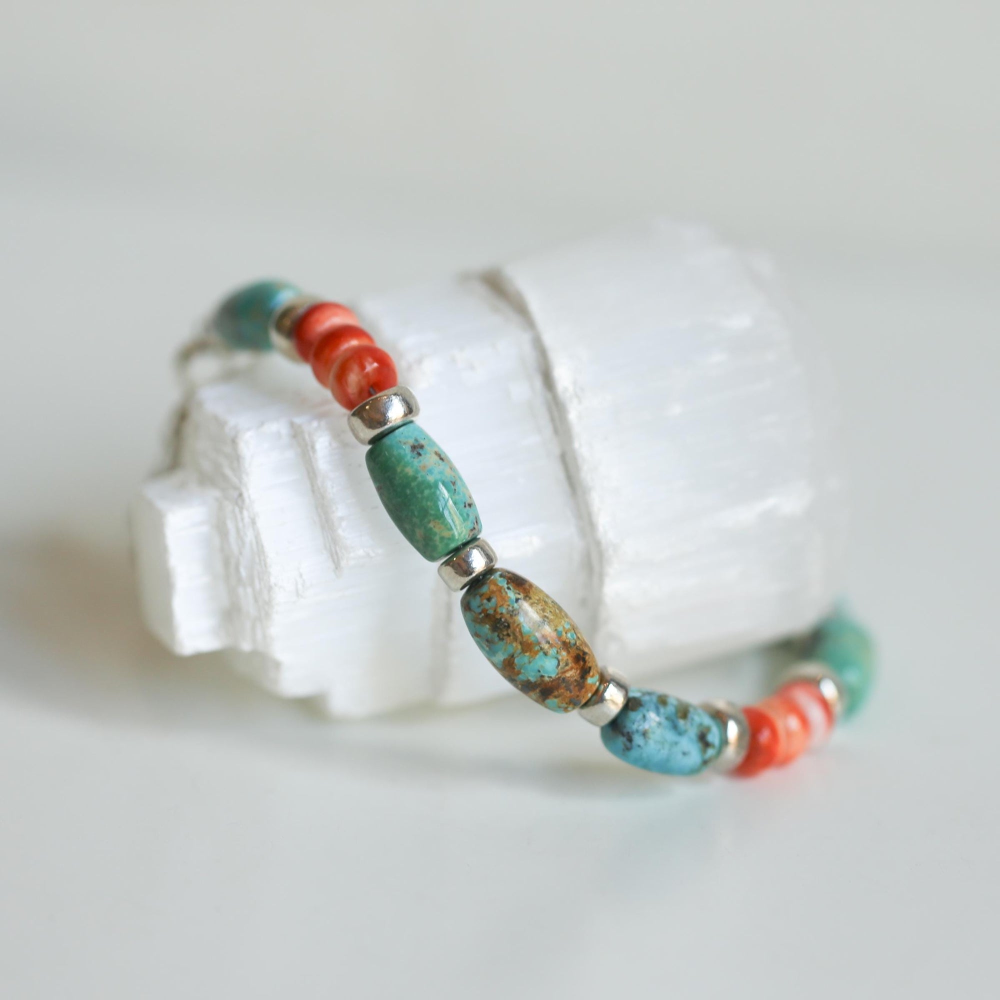 Turquoise and Spiny Oyster Beaded Bracelet - Sterling Silver