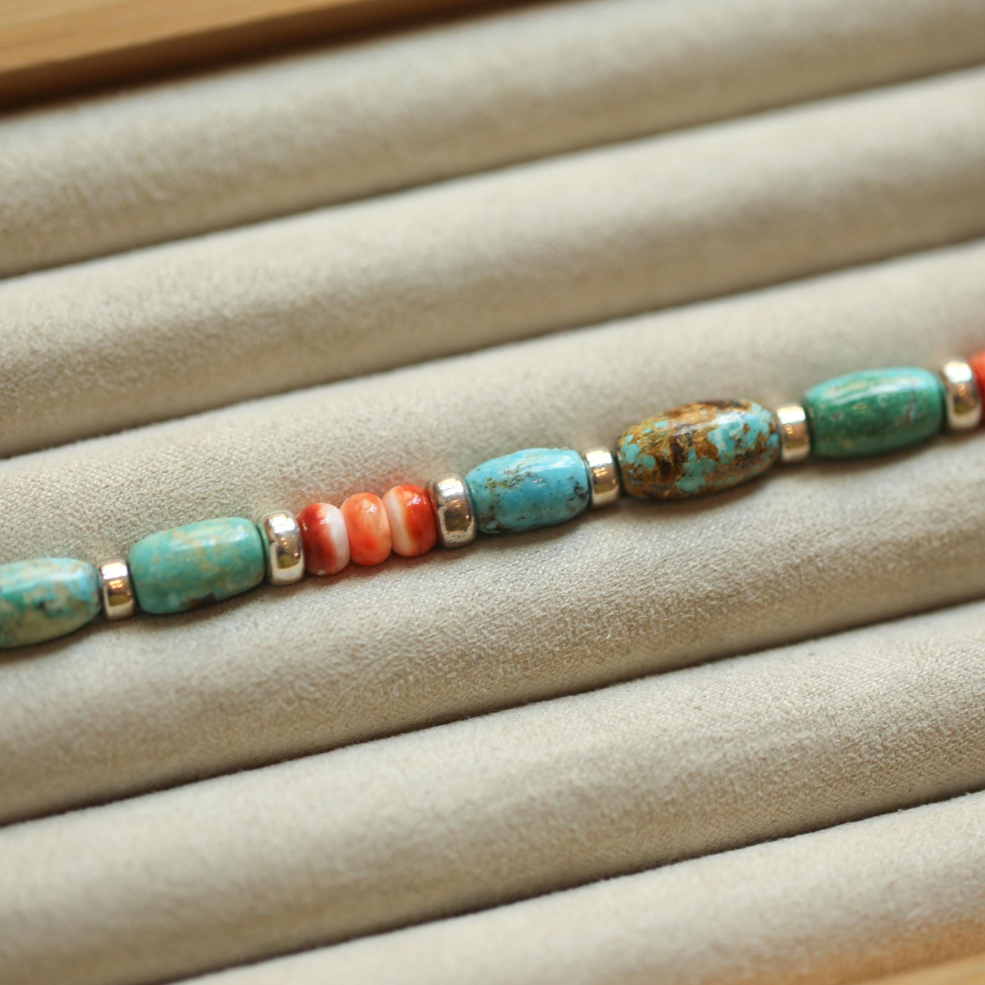 Turquoise and Spiny Oyster Beaded Bracelet - Sterling Silver