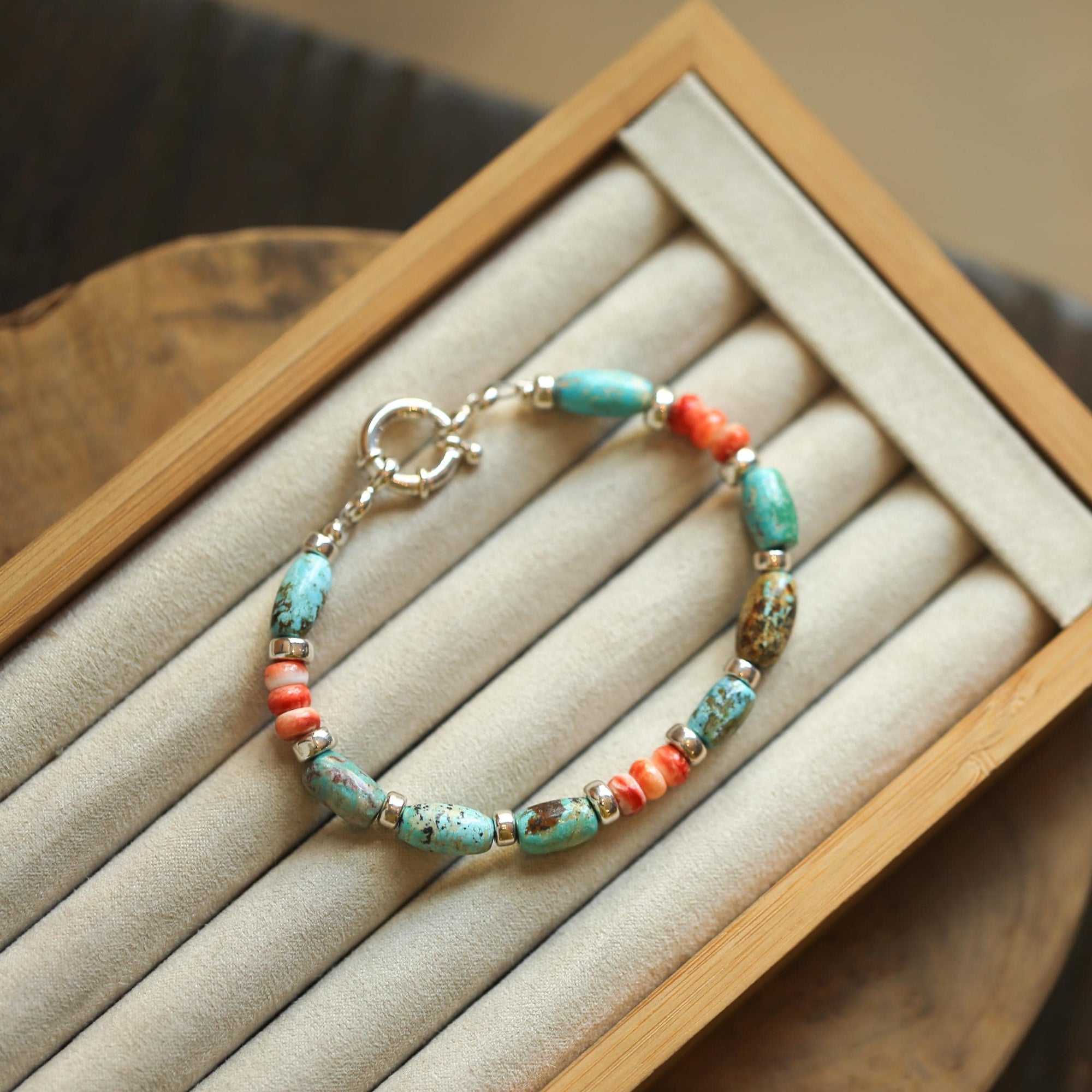 Turquoise and Spiny Oyster Beaded Bracelet - Sterling Silver