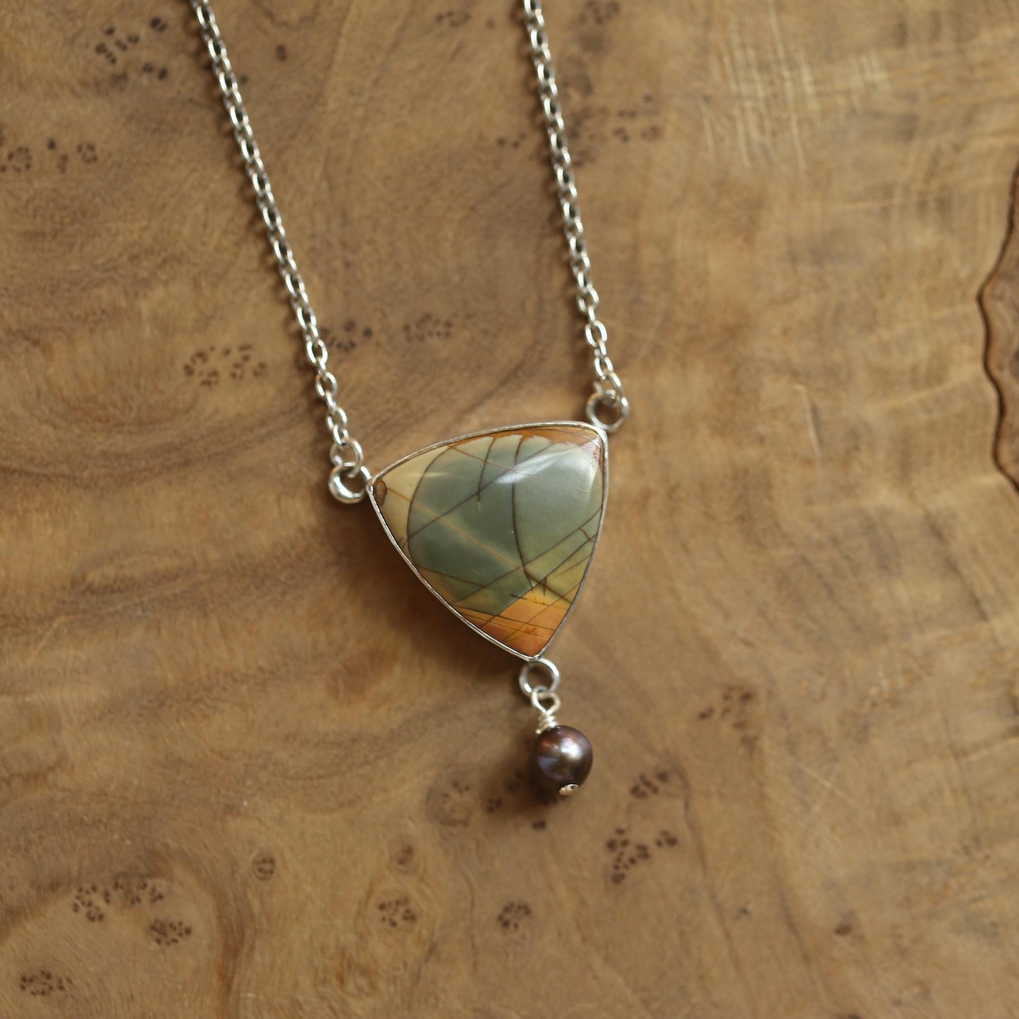 Red Creek Jasper Y Necklace – Sterling Silver, Freshwater Pearl