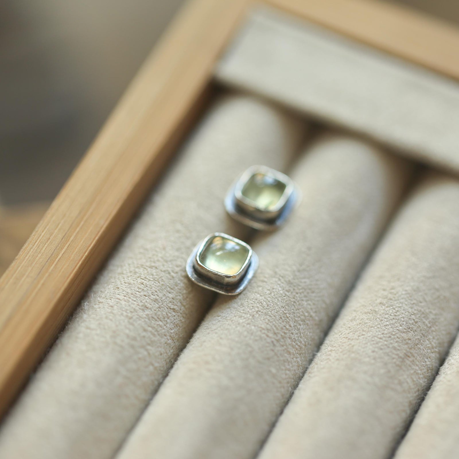 Santa Fe Prehnite Posts - Square Prehnite Studs - Sterling Silver Posts - Silversmith