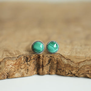 Sterling Silver Malachite Stud Earrings – Traditional Bezel Set