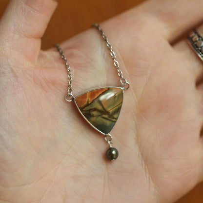 Red Creek Jasper Y Necklace – Sterling Silver, Freshwater Pearl