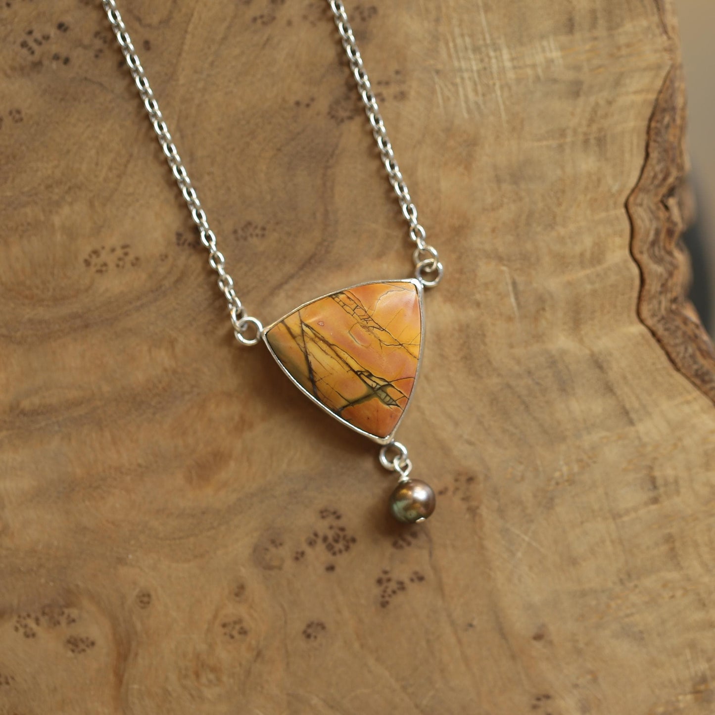 Red Creek Jasper Y Necklace – Sterling Silver, Freshwater Pearl