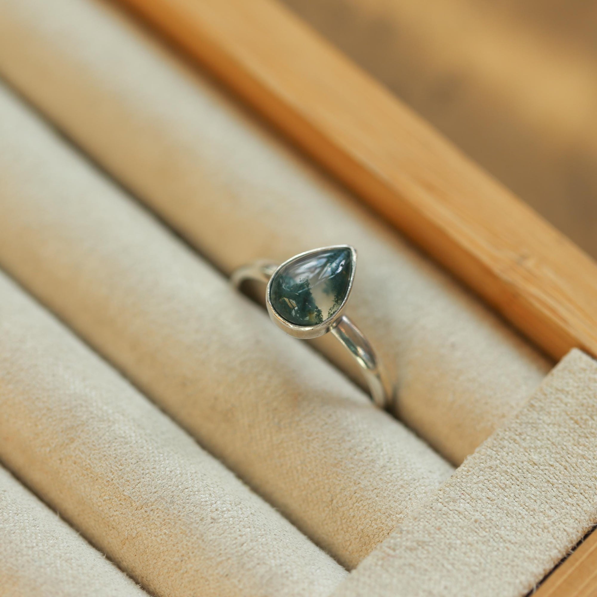 Moss Agate Custom Ring - Sterling Silver - Agate Pear Shaped Ring