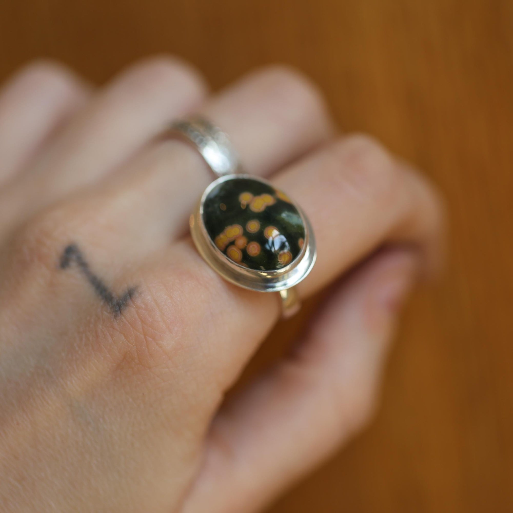 Custom Ocean Jasper East West Oval Ring - .925 Sterling Silver - Unisex - Men's Ring