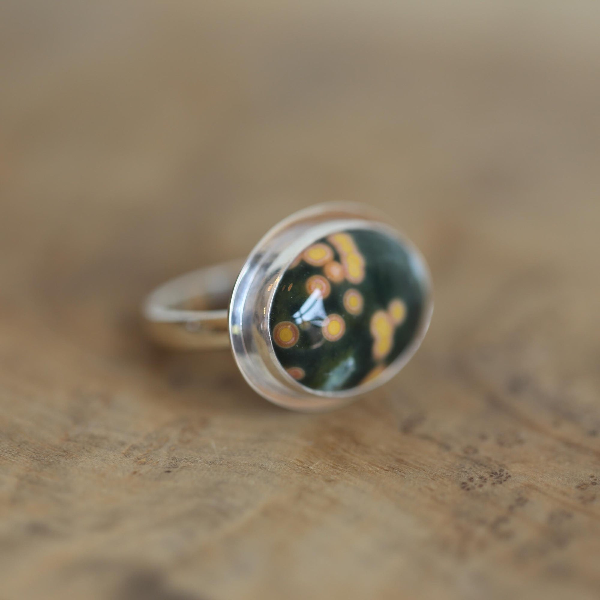Custom Ocean Jasper East West Oval Ring - .925 Sterling Silver - Unisex - Men's Ring