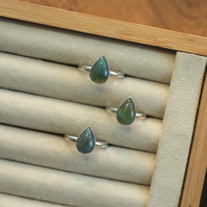 Pear-Shaped Moss Agate Ring - Handmade Sterling Silver Ring