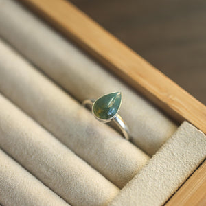 Pear-Shaped Moss Agate Ring - Handmade Sterling Silver Ring