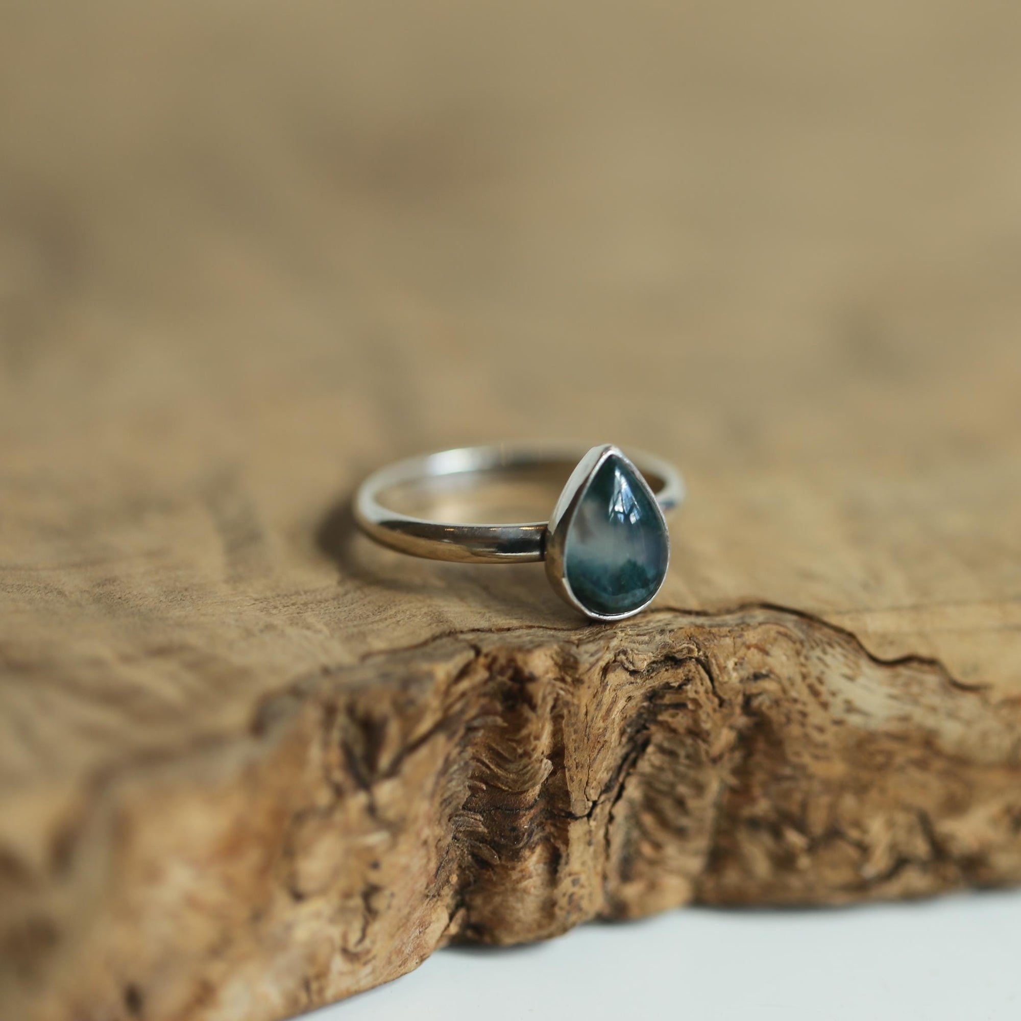 Moss Agate Custom Ring - Sterling Silver - Agate Pear Shaped Ring