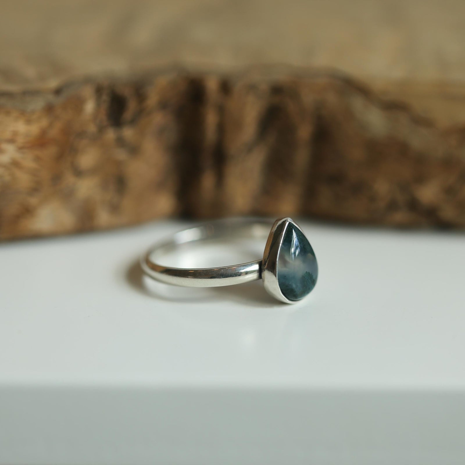 Moss Agate Custom Ring - Sterling Silver - Agate Pear Shaped Ring