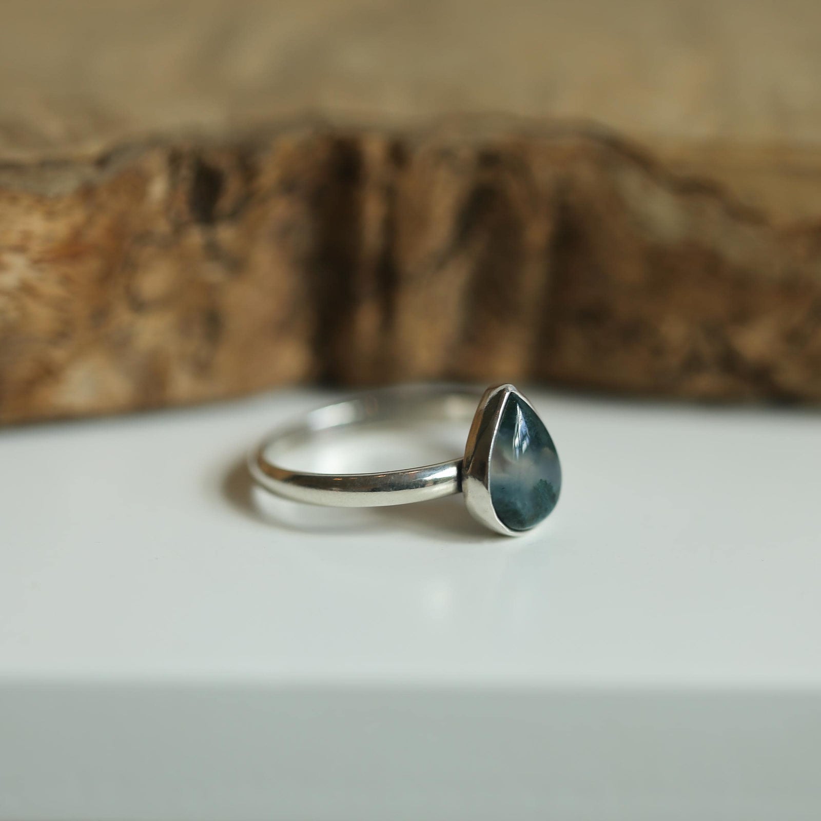 Moss Agate Custom Ring - Sterling Silver - Agate Pear Shaped Ring