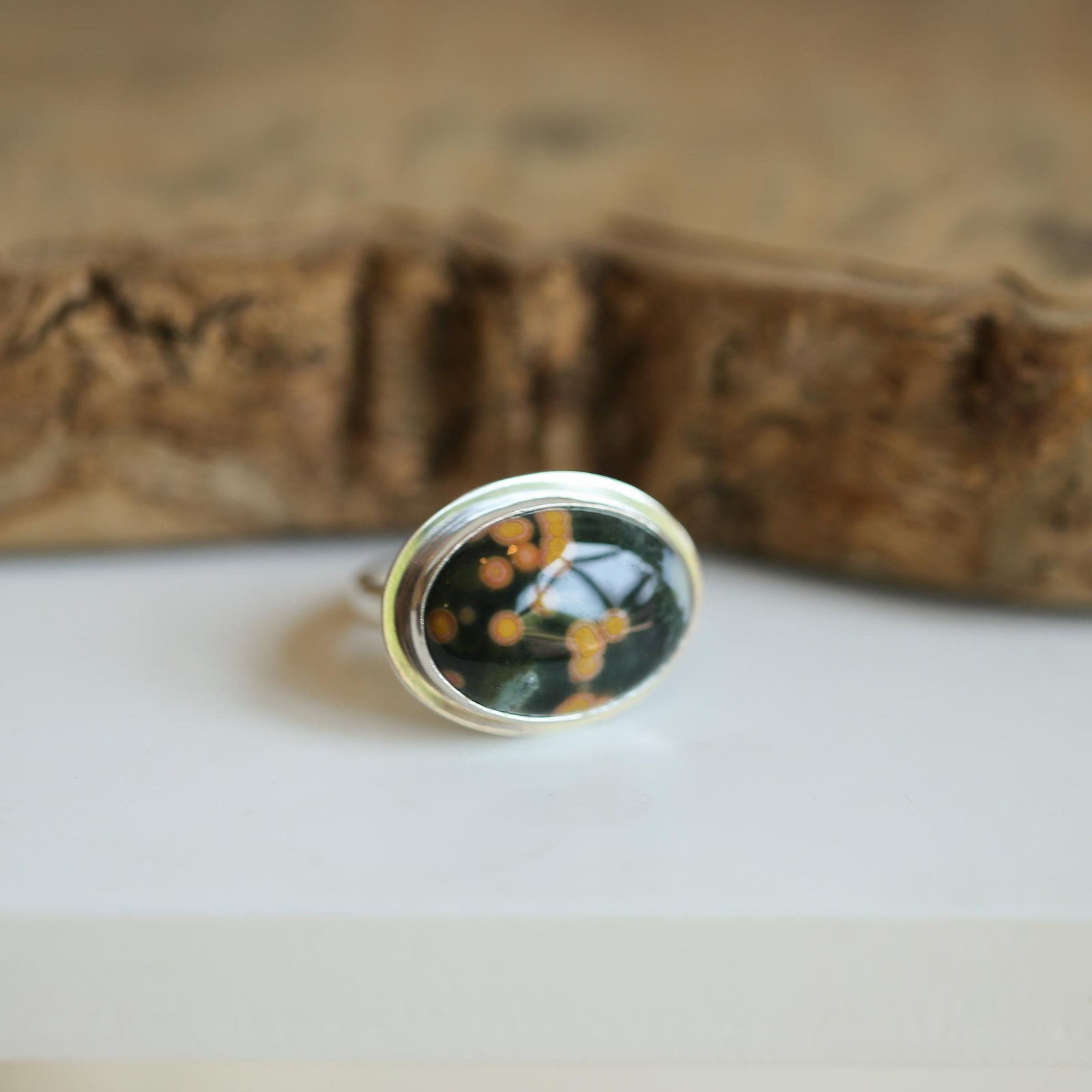 Custom Ocean Jasper East West Oval Ring - .925 Sterling Silver - Unisex - Men's Ring