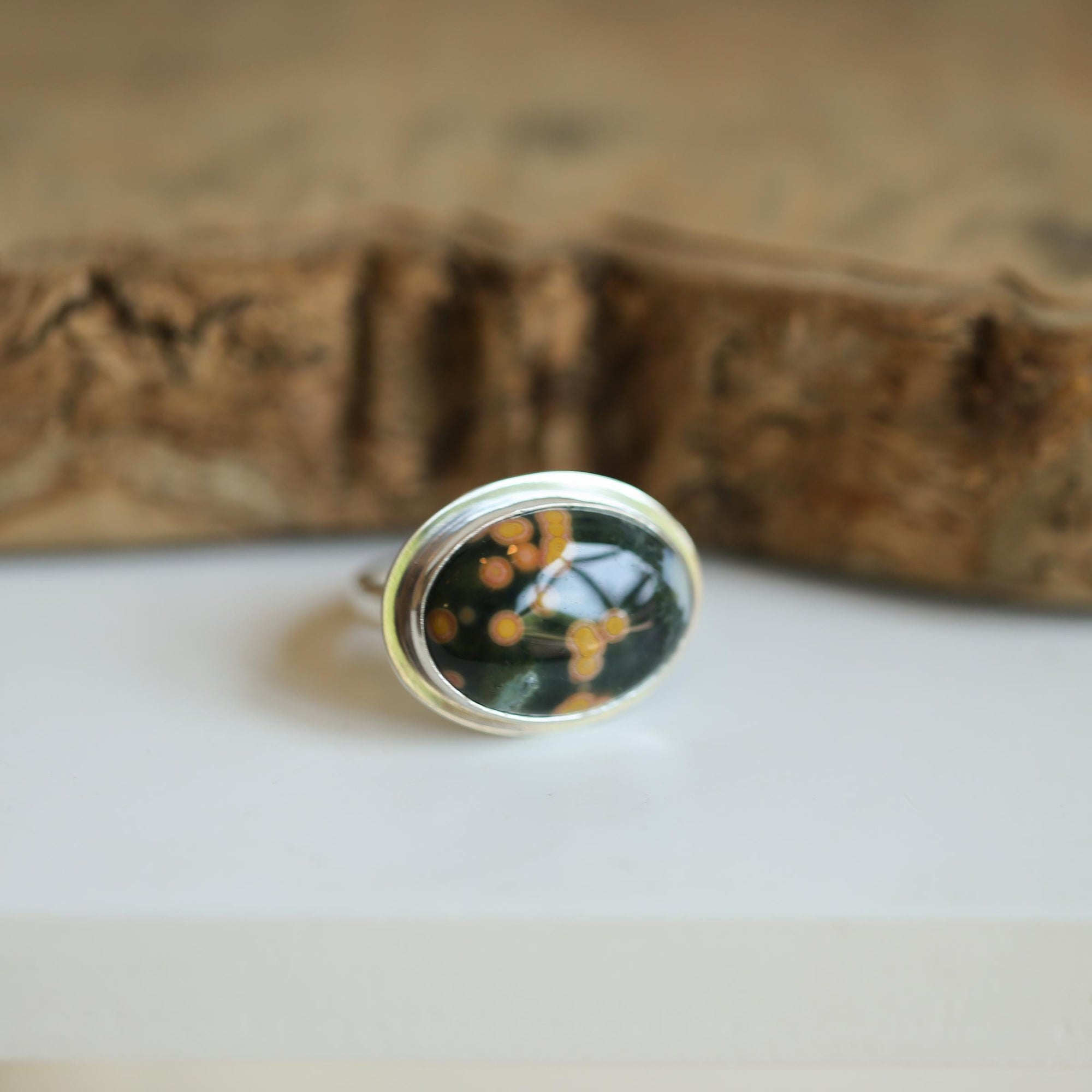 Custom Ocean Jasper East West Oval Ring - .925 Sterling Silver - Unisex - Men's Ring