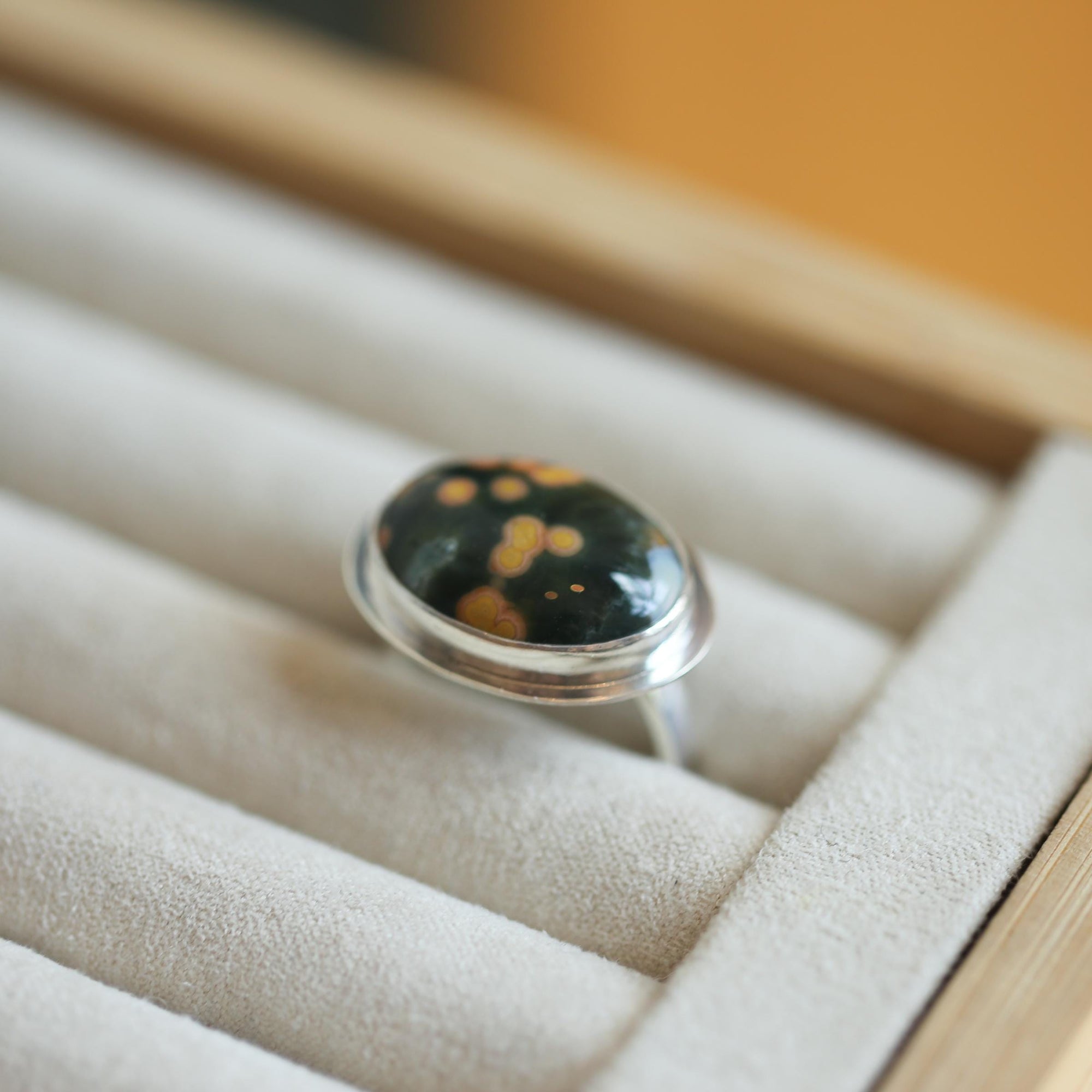 Custom Ocean Jasper East West Oval Ring - .925 Sterling Silver - Unisex - Men's Ring