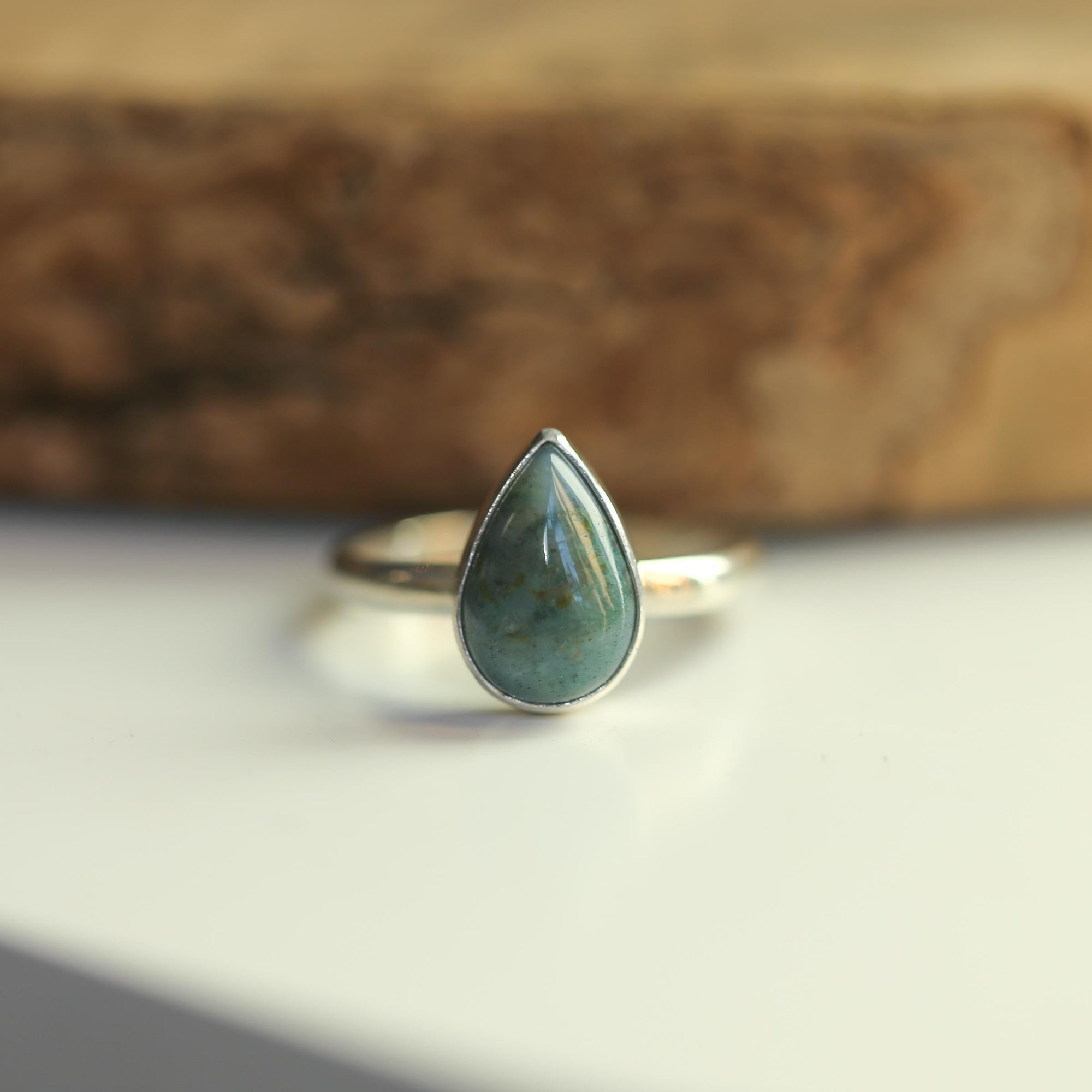 Moss Agate Custom Ring - Sterling Silver - Agate Pear Shaped Ring