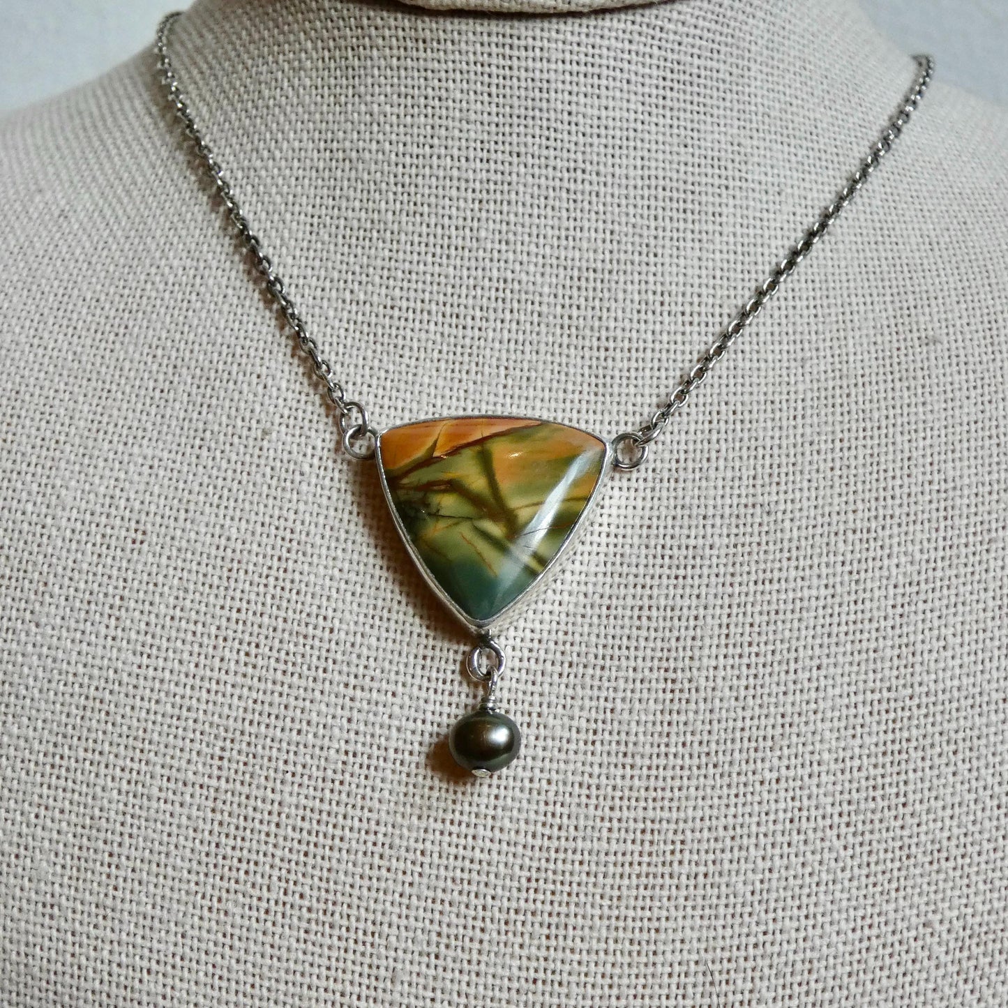 Red Creek Jasper Y Necklace – Sterling Silver, Freshwater Pearl