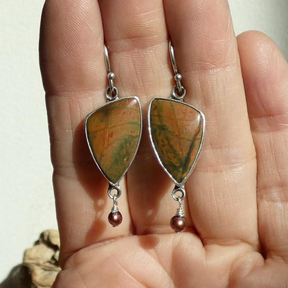 Red Creek Jasper Pearl Drop Earrings – Boho Sterling Silver Jewelry