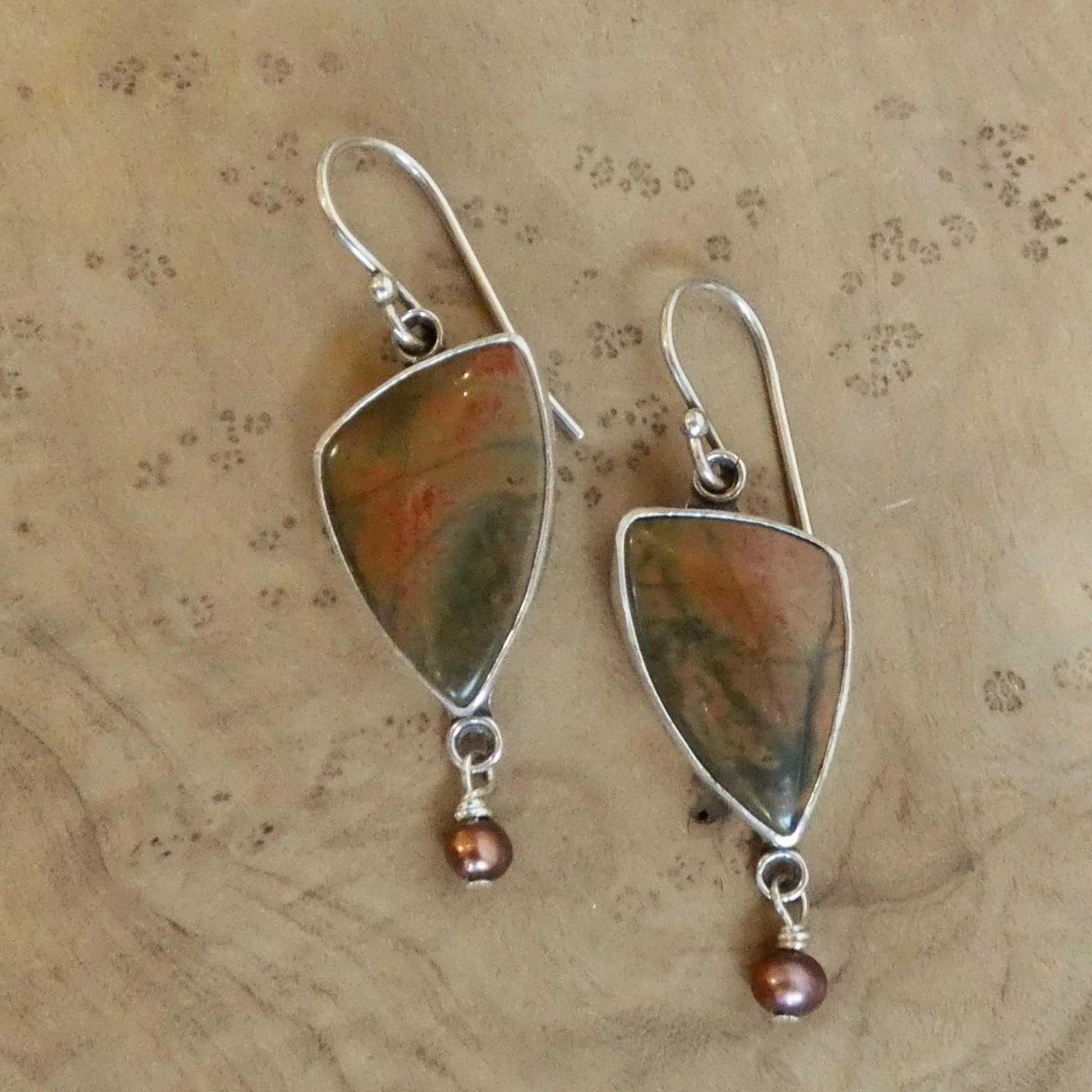 Red Creek Jasper Pearl Drop Earrings – Boho Sterling Silver Jewelry
