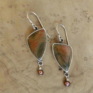 Red Creek Jasper Earrings - Cherry Creek Jasper and Pearl Drop Earrings - Sterling Silver
