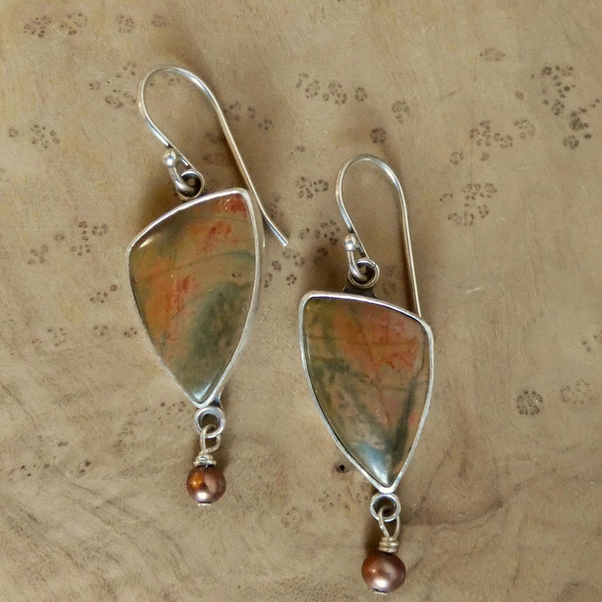 Red Creek Jasper Pearl Drop Earrings – Boho Sterling Silver Jewelry