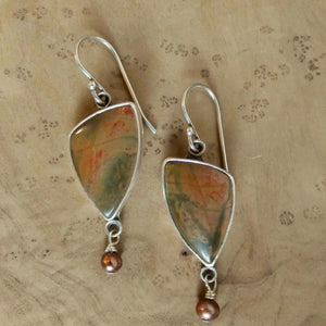 Red Creek Jasper Earrings - Cherry Creek Jasper and Pearl Drop Earrings - Sterling Silver