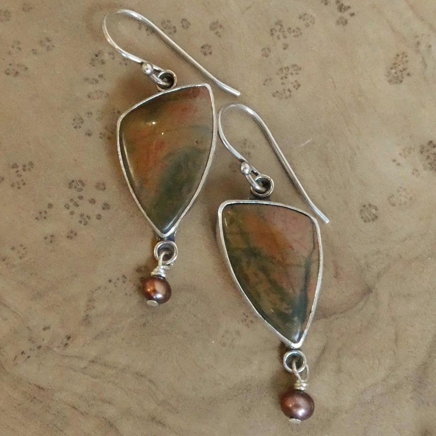 Red Creek Jasper Pearl Drop Earrings – Boho Sterling Silver Jewelry
