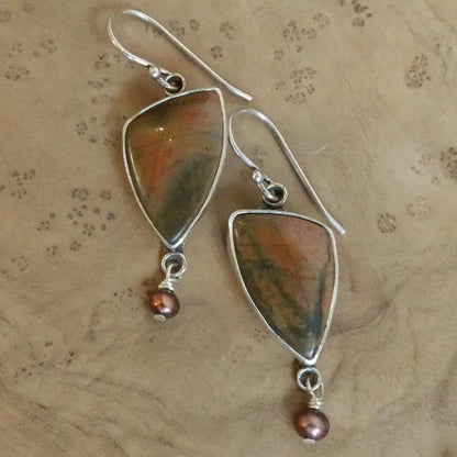 Red Creek Jasper Pearl Drop Earrings – Boho Sterling Silver Jewelry