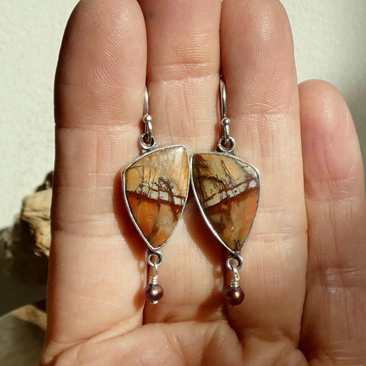 Red Creek Jasper Pearl Drop Earrings – Boho Sterling Silver Jewelry