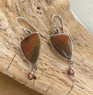 Red Creek Jasper Earrings - Cherry Creek Jasper and Pearl Drop Earrings - Sterling Silver