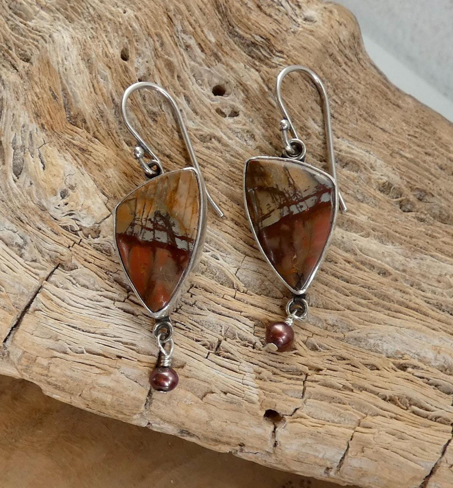 Red Creek Jasper Pearl Drop Earrings – Boho Sterling Silver Jewelry