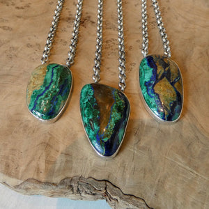 Azurite Malachite Pendant Necklace - Chunky Sterling Silver - Choose your Men's Necklace